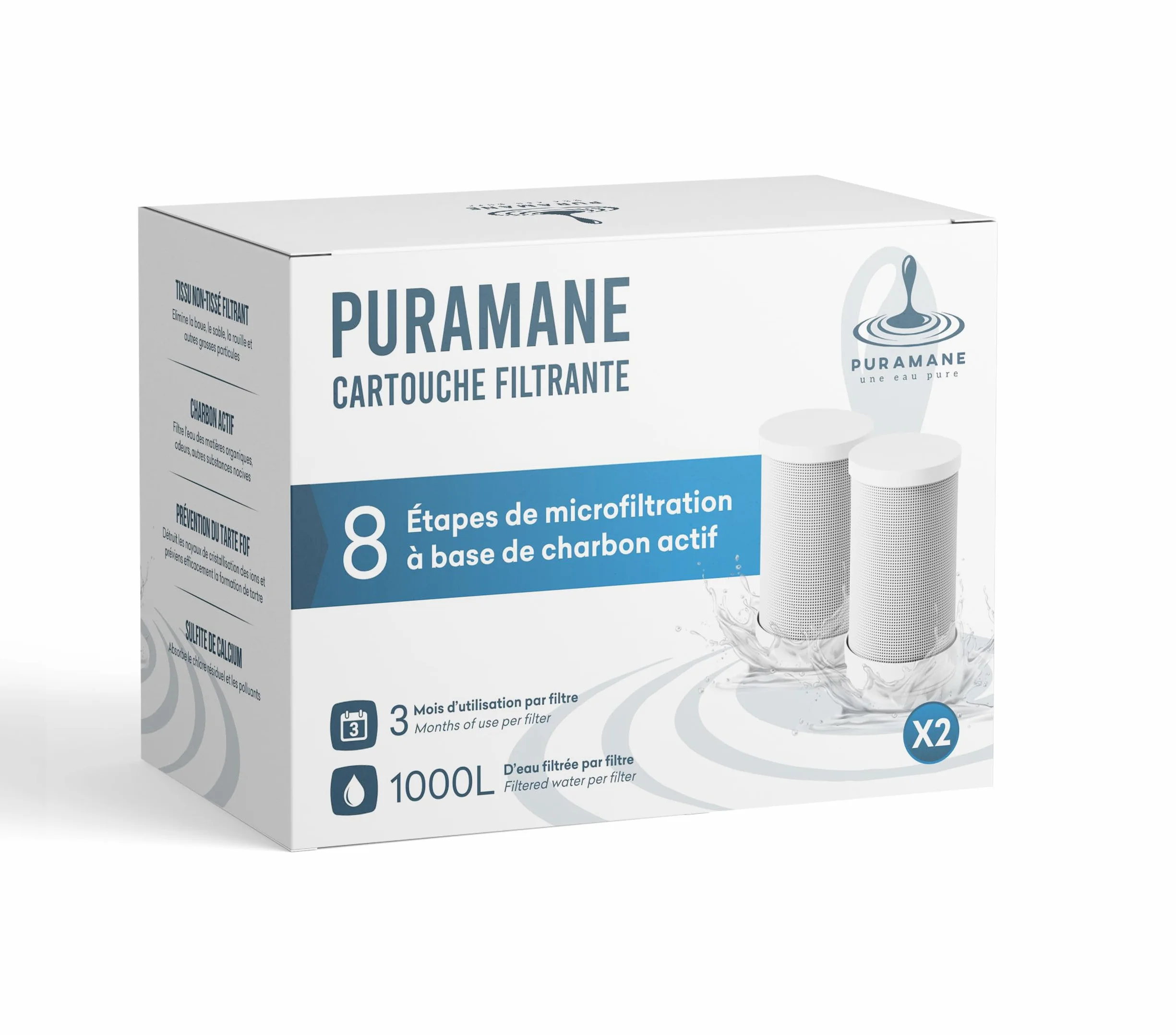 Filtro Agua Puramane (2000 L) – Cartucho de recambio para Filtro Agua Grifo con carbón activado, filtro antical. Reduce micropartículas, metales pesados y cal. Incluye 2 filtros.