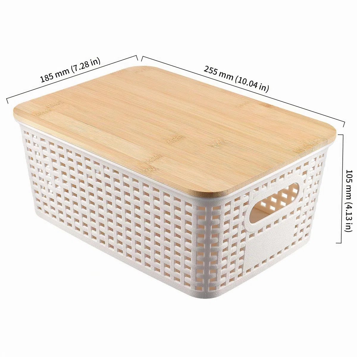 6 cajas de almacenamiento con tapa de bambú, 25 x 18 x 10 cm, caja de plástico blanca, cesta de ratán, apilable, con asa, para cocina y baño