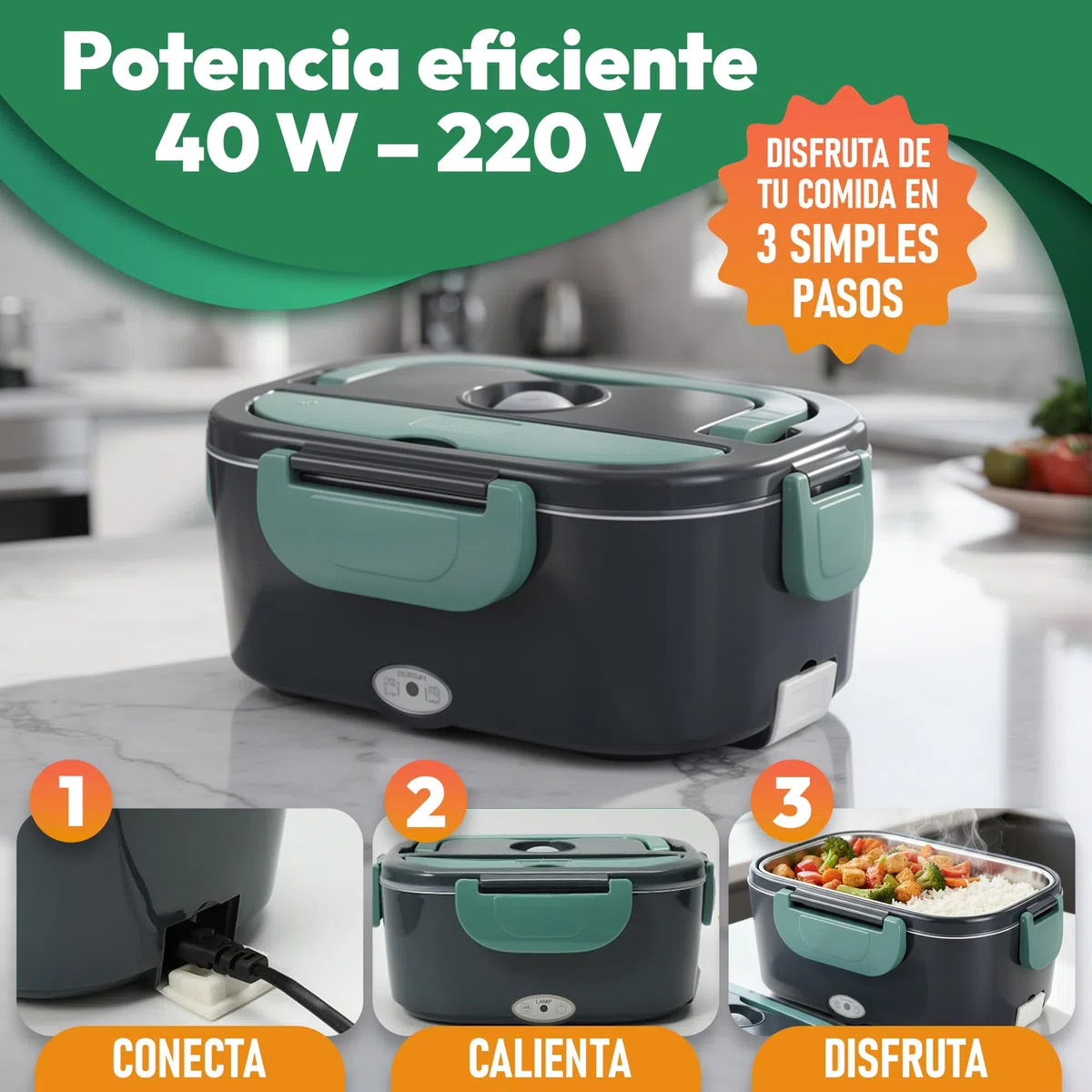 Tupper Calentador para Comida – Tartera Comida Trabajo, Loncheras de Trabajo - Marmita Eléctrica Portátil 1,5L con 2 Cables (Casa y Coche) – Lancheira Termica Facil de Limpiar
