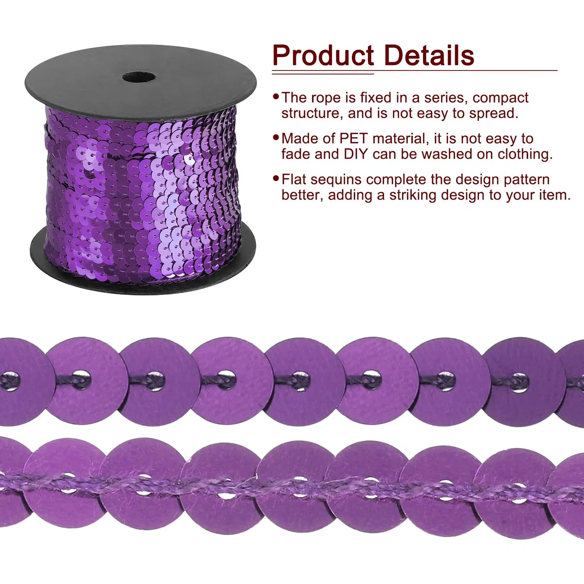 sourcing map Tira plana de lentejuelas de 6 mm, 98 yardas, rollo de cuerda de lentejuelas para proyectos de costura de flecos, color morado