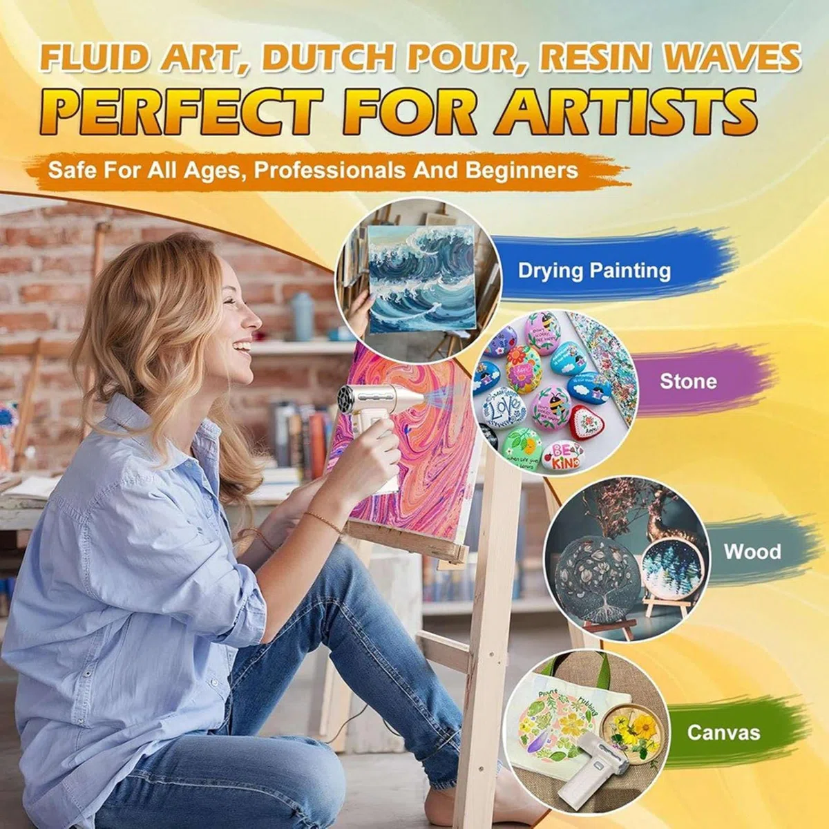 Mini Secador de Pintura Inalámbrico con Soplador de Pintura Acrílica con 3 Boquillas y 5 Velocidades para Arte Fluido y Vertido de Acrílico.