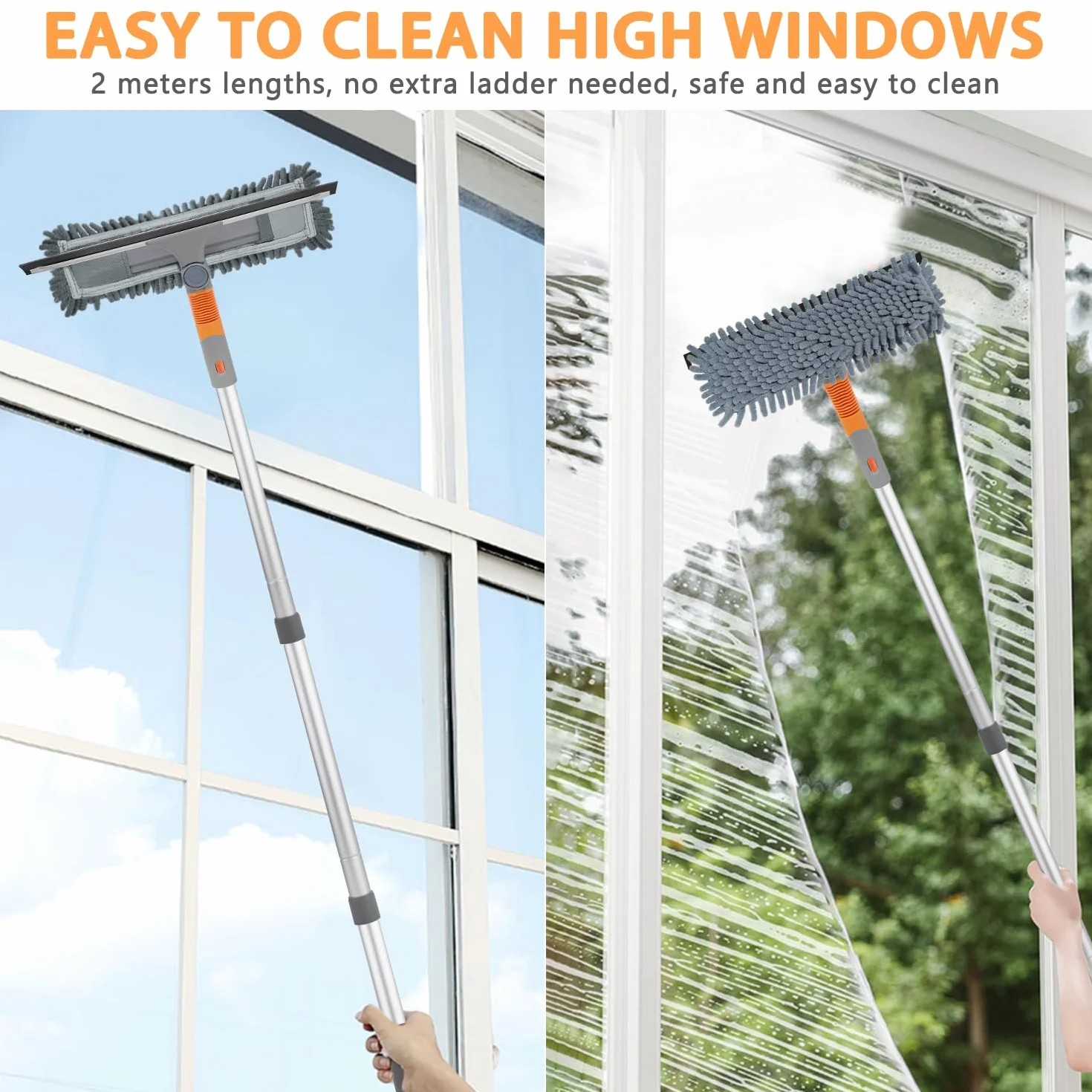 Tendak Limpiacristales Telescópico, 3 en 1 Limpiador de Vidrios de Ventana Profesional con Mango Telescópica, Extensible Enjugador de Ventanas de 23-200cm para Ventanas Altas Interiores y Exteriores