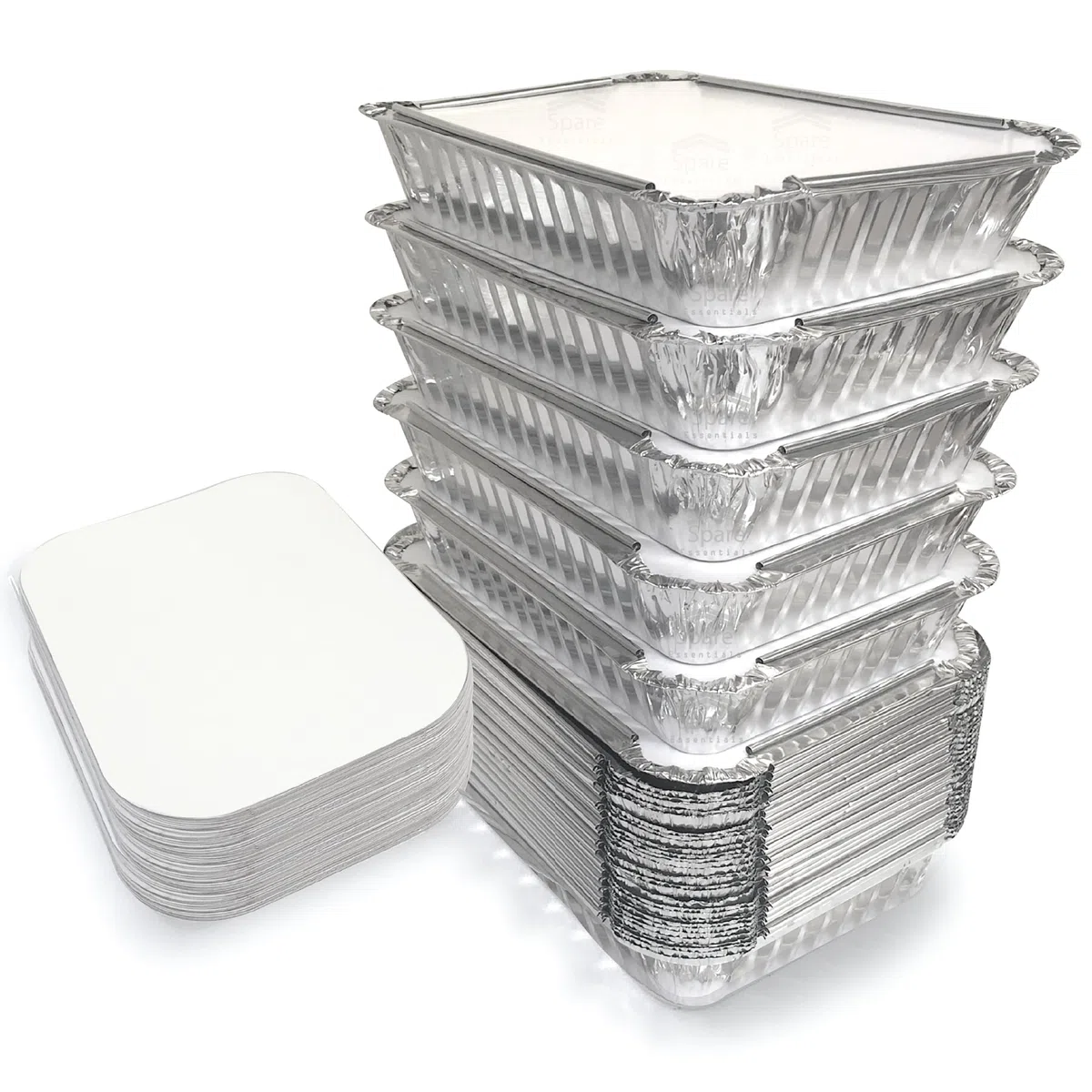 Spare Essentials Paquete de 110 sartenes de aluminio de 2.2 libras con tapas de cartón, recipientes de aluminio con tapas, recipientes desechables para alimentos, bandejas de preparación de comidas,
