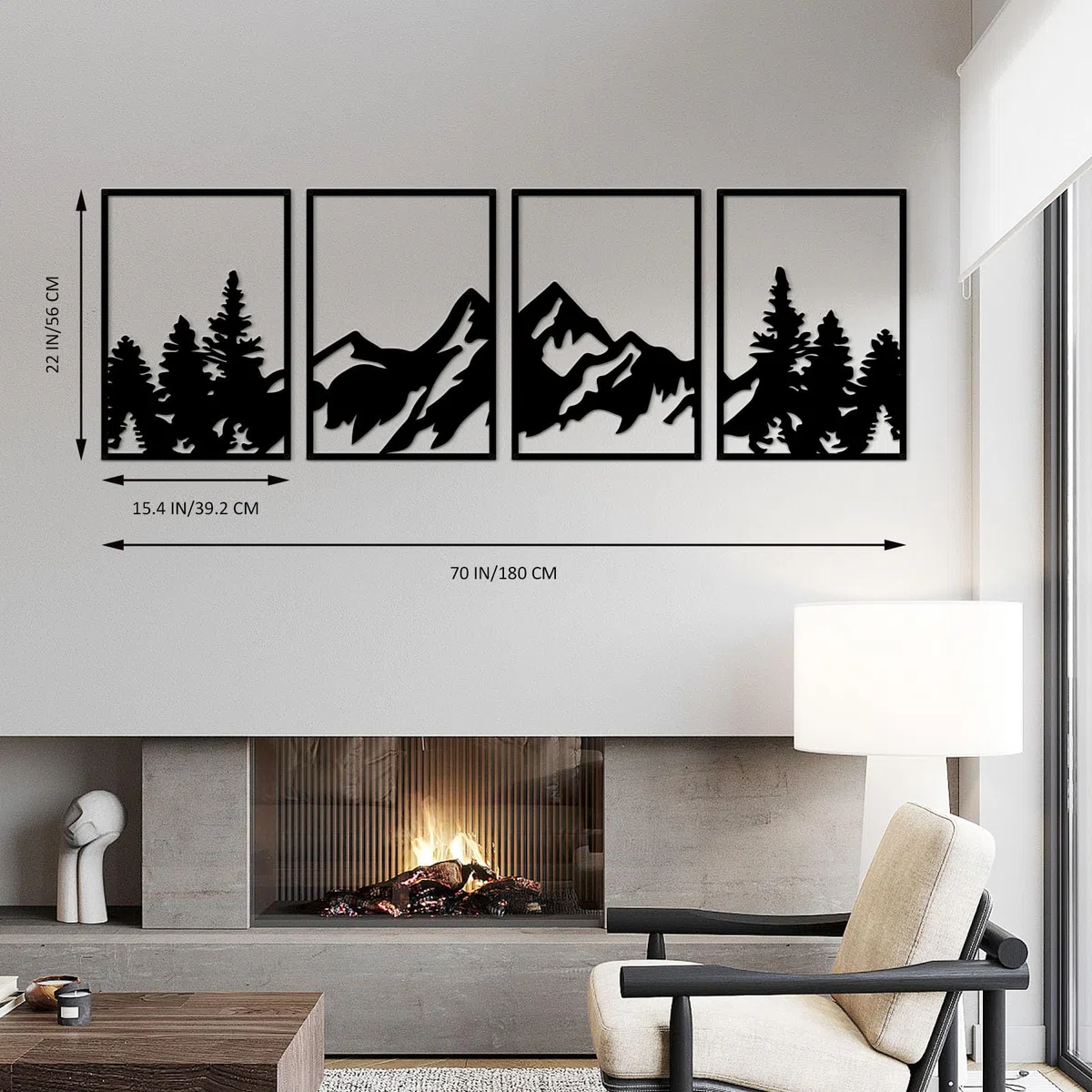 ESTART Arte de pared de montaña grande, 4 piezas de decoración de pared de metal, adecuado para sala de estar, dormitorio, oficina (bosque de montaña)