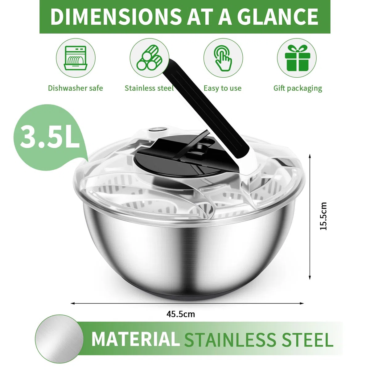 Centrifugador de Ensalada de Acero Inoxidable 4,5L Escurridor Ensalada Escurridor Lechuga Grande Centrifugadora De Verduras con base de Silicona Antideslizante para Lavar Frutas Centrifugar Pastas