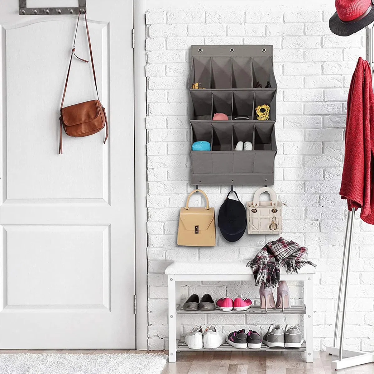 Organizador de zapatos sobre la puerta, paquete almacenamiento de zapatos colgantes, almacenamiento de varios compartimentos con 6 ganchos, zapatero para zapatos, accesorios(L)
