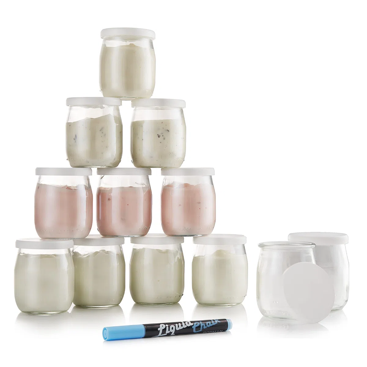 Juego de 12 Vasos yogurtera de cristal con tapa hermética | para yogurtera y robot de cocina (thermomix, etc) | 142 ML / 125G | Un bolígrafo borrable de cortesía