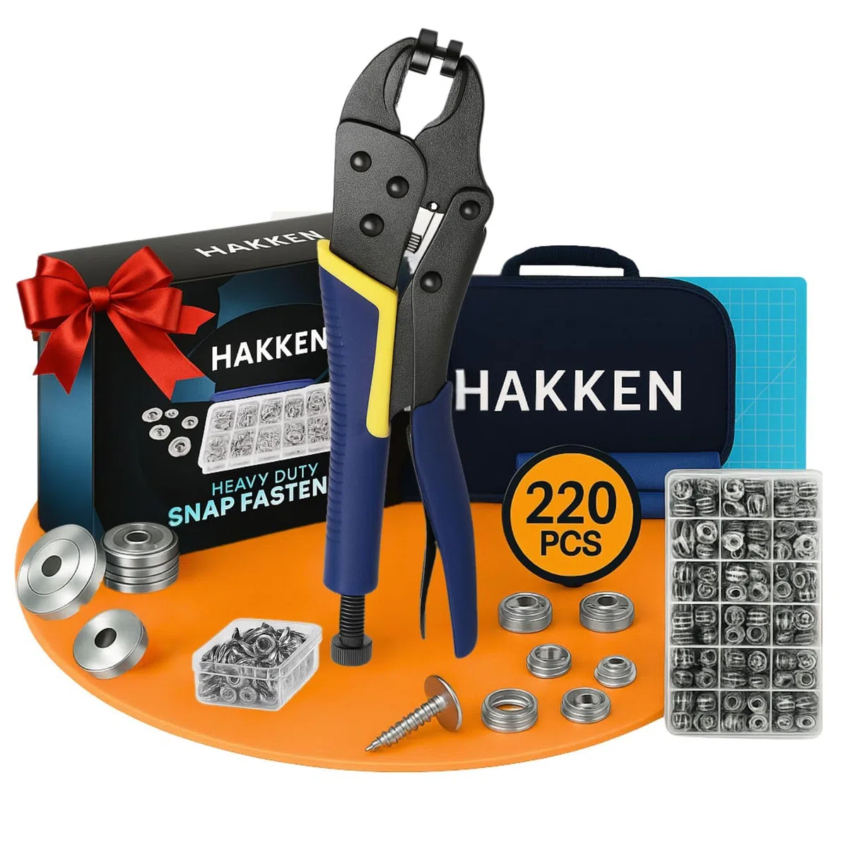 HAKKEN Herramienta de cierre a presión resistente ajustable con 3 troqueles magnéticos y 210 broches, broches de acero inoxidable de 15 mm, para cubierta de barco, reemplazo de broches de metal