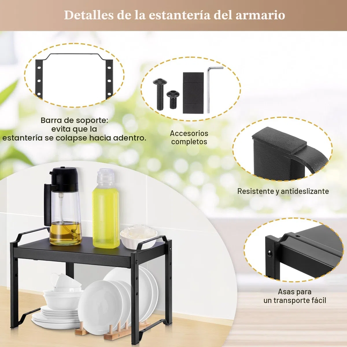 Estantería Cocina, Estantería Extensible 32-53 cm, Estante de Armario Expandible de Alta Resistencia, Organizador de Especias con 3 Configuraciones de Altura para Organizador de Armario de Cocina