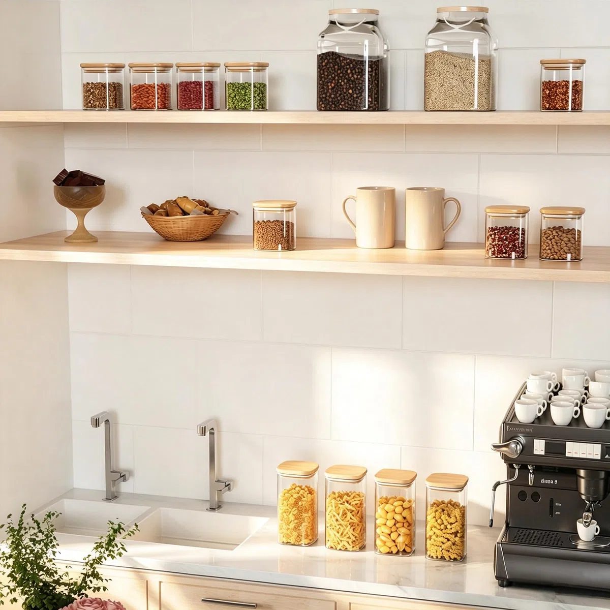 Tarros de almacenamiento de vidrio con tapa de bambú, paquete de 12 tarros herméticos para alimentos, recipientes de almacenamiento de cocina transparentes para especias, harina, galletas y semillas
