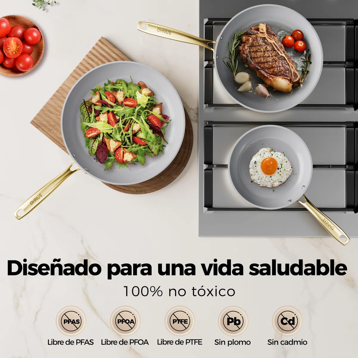 Sanho Sartén antiadherente con mango dorado (8-10-12 pulgadas, 3 piezas)