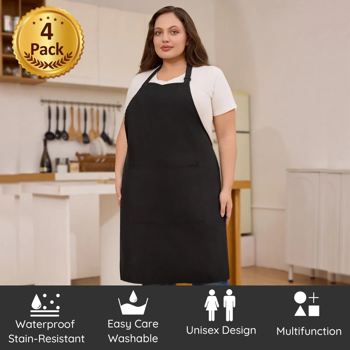 4 Piezas Tamaño grande Delantales, Negro Chef Delantal Impermeable con 2 Bolsillos Ajustable, Delantal de Cocina para Hombres y Mujeres, Cocinar, Restaurante, Café, Hornear