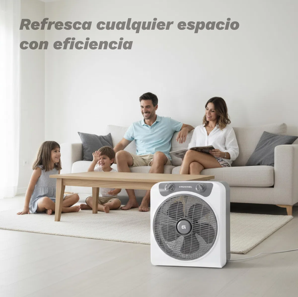 Grunkel - Ventilador de suelo potente y ligero - BOXFAN - Circulador de aire con temporizador de 60 minutos y 3 velocidades. Aspas 30cm de diámetro, función oscilación. - 50W