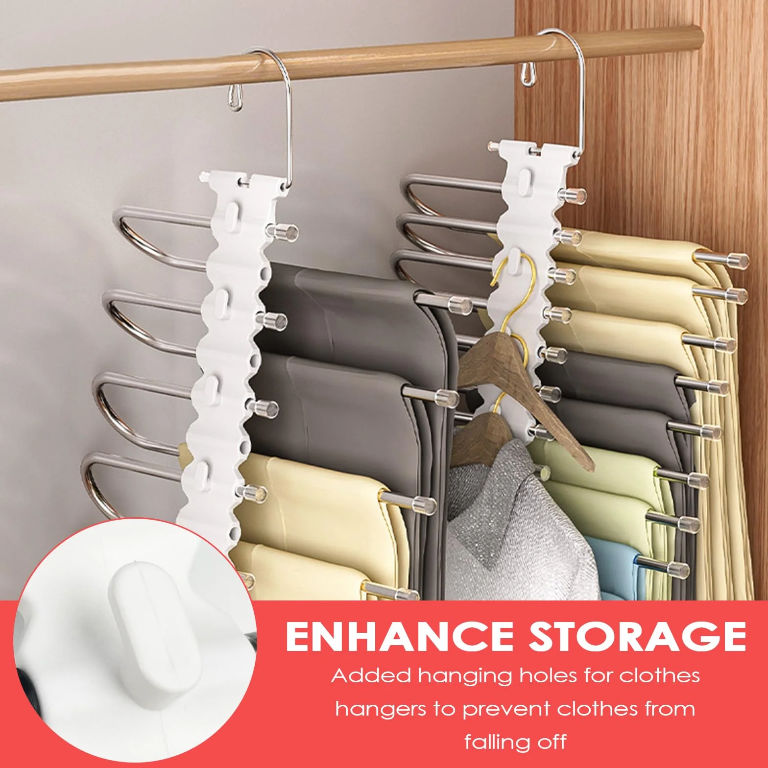 2 Piezas Perchas para Pantalones 9 en 1, Perchas Pantalones Ahorra Espacio, Plegables Acero Inoxidable Pantalon, Pantalonero Multiple Armario Porta Pantaloni, Multi - Functional Pants Rack