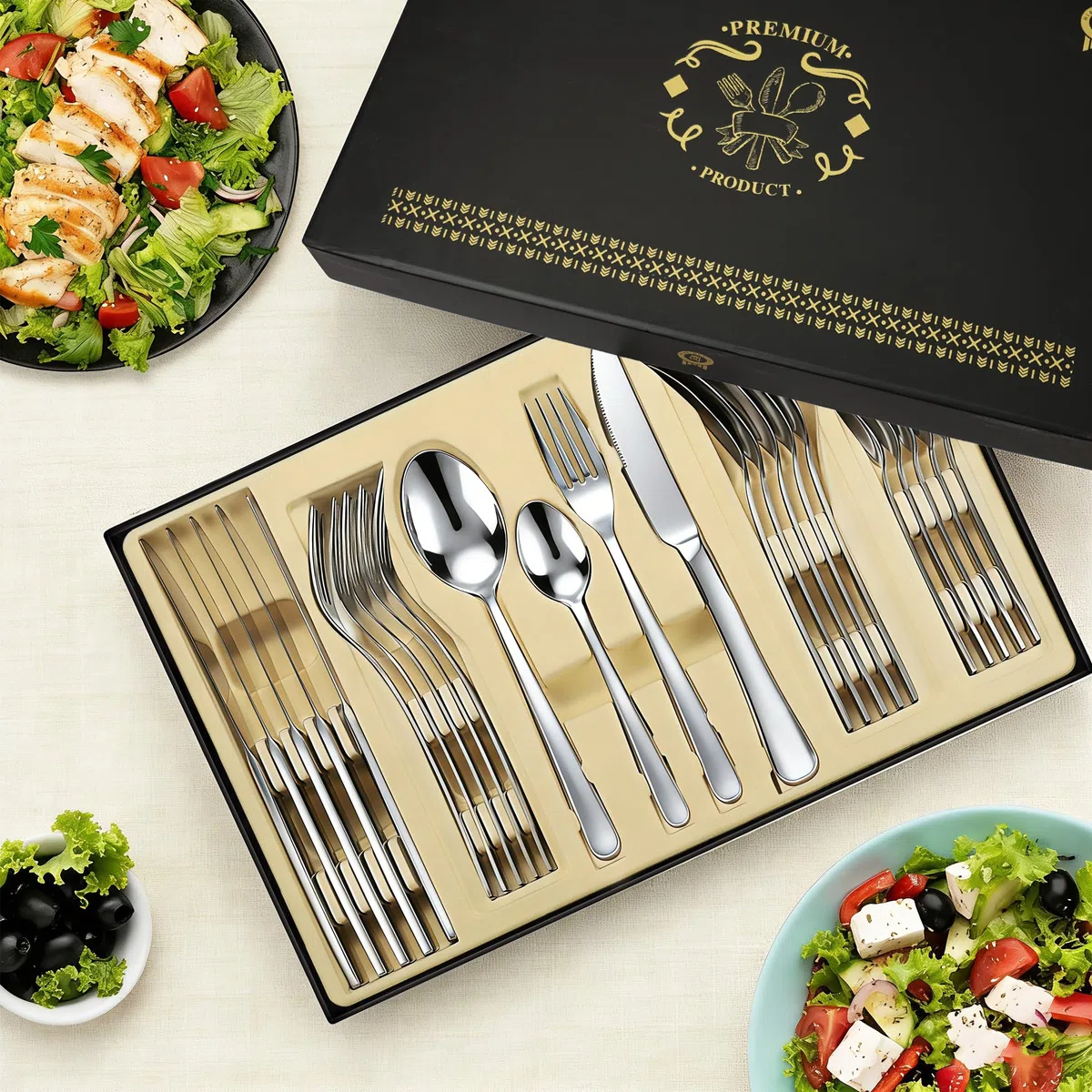 Juego de cubiertos de plata, 24 piezas de acero inoxidable pulido espejo, juego de utensilios de cocina para 6 personas, vajilla para el hogar y el restaurante con caja de regalo