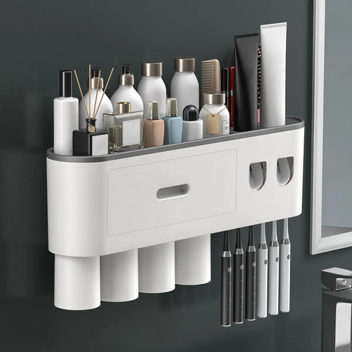 Dispensador automático de Pasta de Dientes con 4 Tazas, Soporte para cepillos de Dientes montado en la Pared, Organizador de baño sin Taladro, Estante de Almacenamiento de ABS Gris..