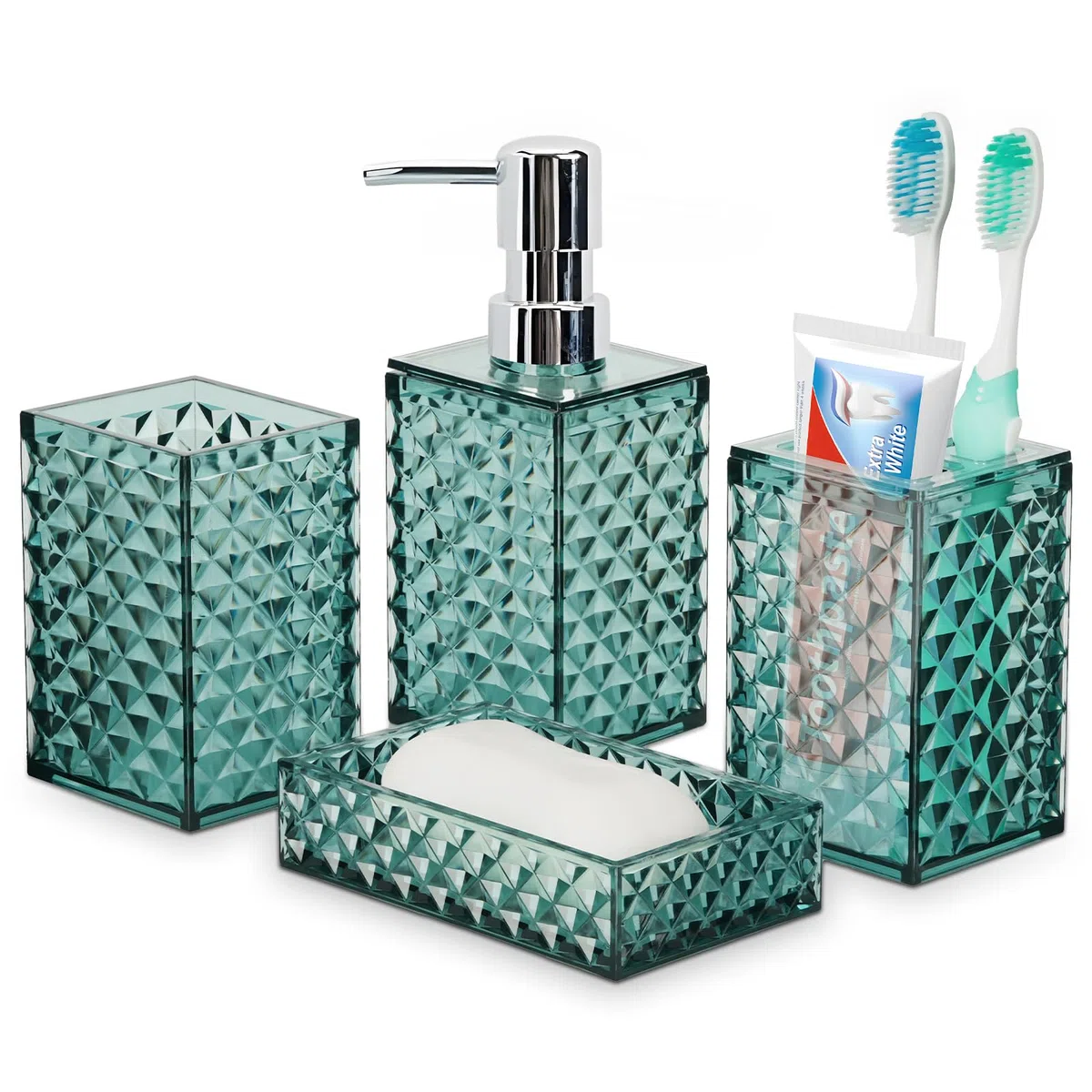 Juego de 4 accesorios de baño, juego de accesorios de plástico transparente azul, dispensador de jabón, soporte para cepillo de dientes, soporte Qtip y jabonera