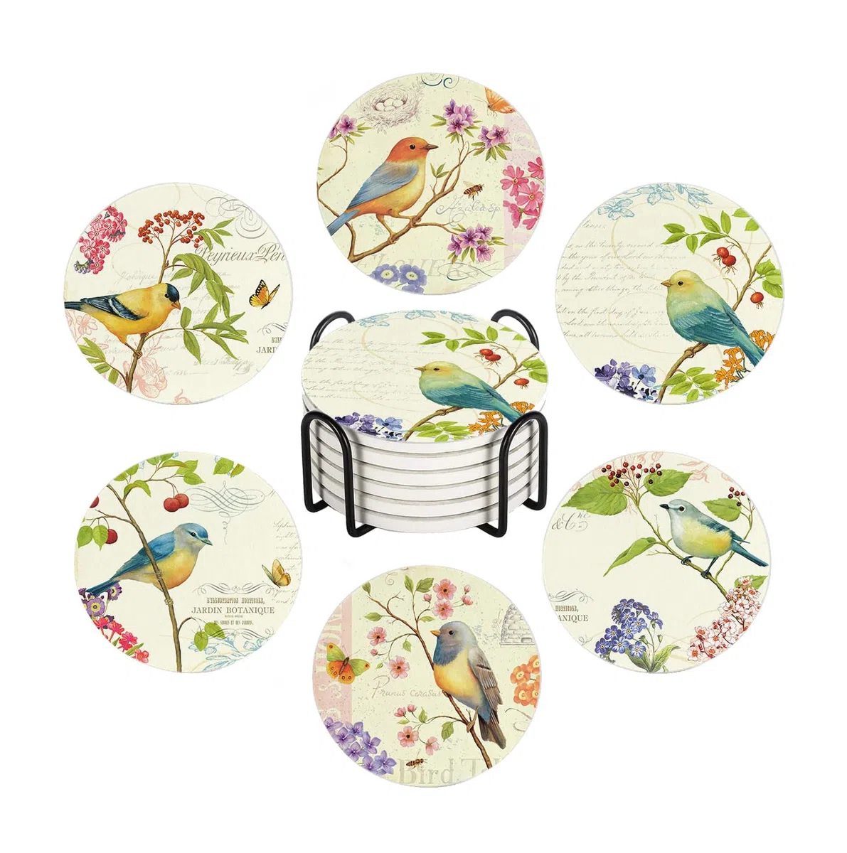 Juego de 6 posavasos para bebidas, diseño vintage de pájaros y flores de acuarela redonda, con base de corcho y soporte de metal, parte inferior de corcho antideslizante para tazas y vasos