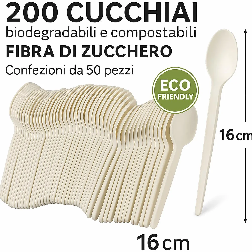200 cucharas biodegradables y compostables blancas, cubiertos de fibra de azúcar, paquetes de 50 piezas vajilla ecológica ecológica (200 cucharas)