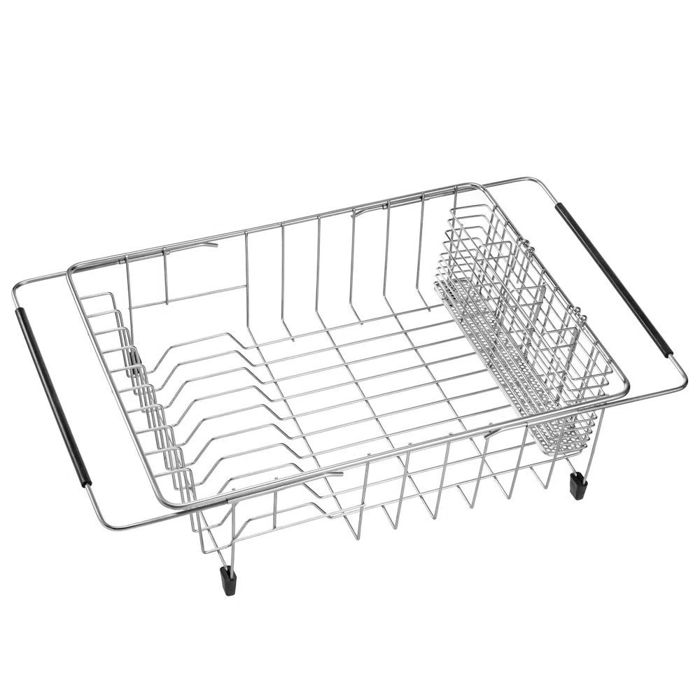 SANNO Escurridor de platos expandible, escurridor de platos grande con soporte de cubiertos de 4 divisiones, escurridor de platos en el fregadero en el mostrador, acero inoxidable