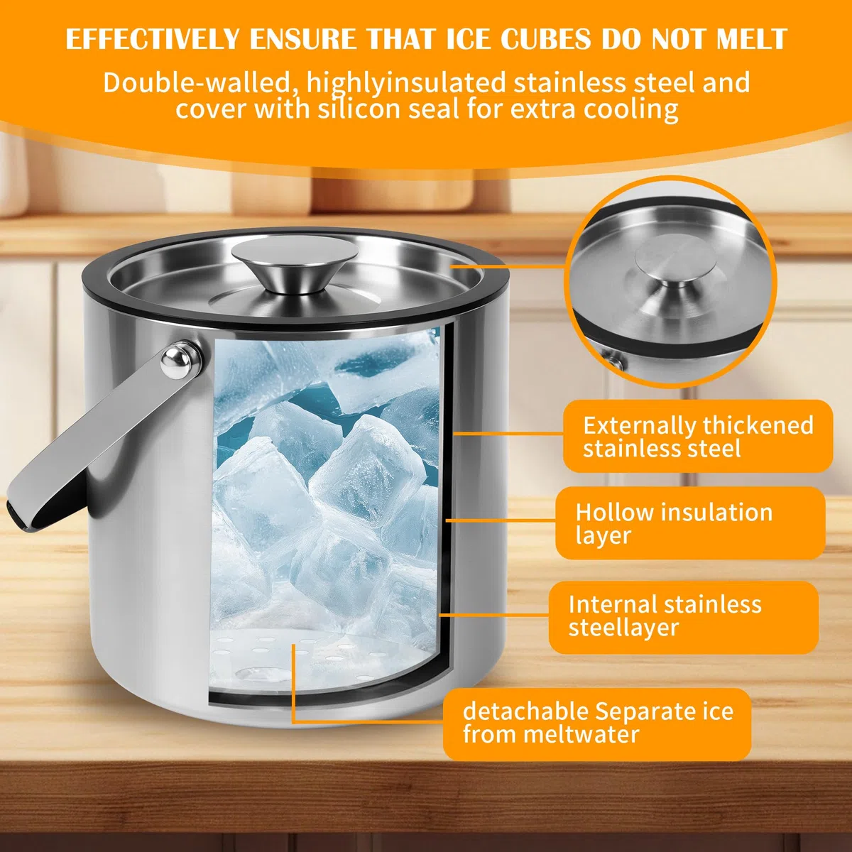 3litros Cubitera de Acero Inoxidable de con Clips y Colador,Cubeta para Hielo con Aislamiento de Doble Pared,para Fiestas, Ares, vinos refrigerados, Champán, Cerveza, Cócteles
