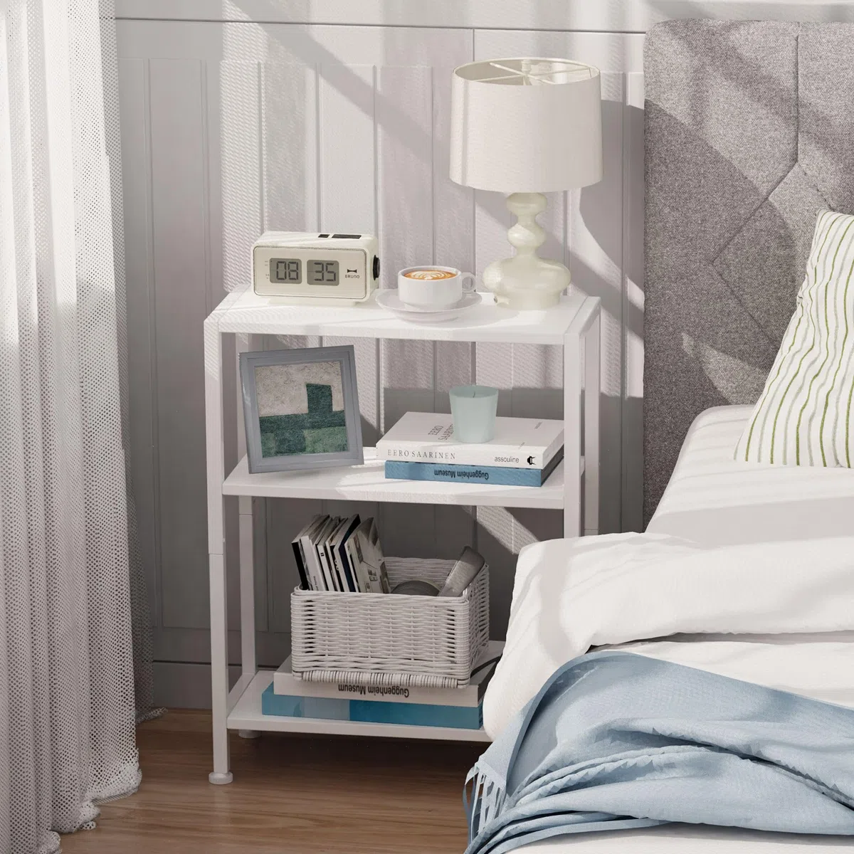 Mueble Auxiliar,Pequeña Mesita Mesa Auxiliar para Sofá Espacios Estrechos, Mesa Auxiliar Delgada Mesita de Noche para Sala Estar Dormitorio Oficina Blanco
