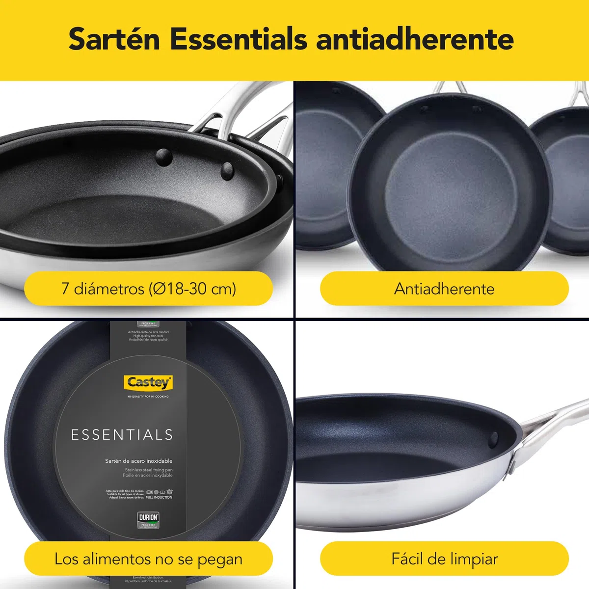 Castey - Sartén Antiadherente Inox Essentials, Modelo EA-S30, Color Plata, Tamaño 30 cm, Acero inoxidable Revestimiento Antiadherente, Apta para Todas las Cocinas, Recubrimiento Durión
