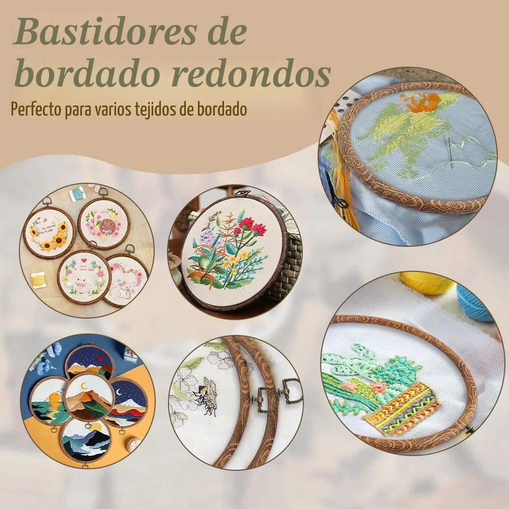 6 aros de bordado de madera, marco de exhibición de bordado de madera, anillo de punto de cruz, aros redondos de bordado para manualidades, costura y adornos colgantes (20 cm)
