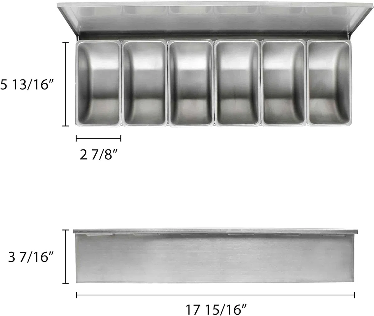 TrueCraftware Barra de condimentos de acero inoxidable de 6 compartimentos (parte inferior abierta) - Dispensador de condimentos para servir bandeja de guarnición para el trabajo en casa o restaurante