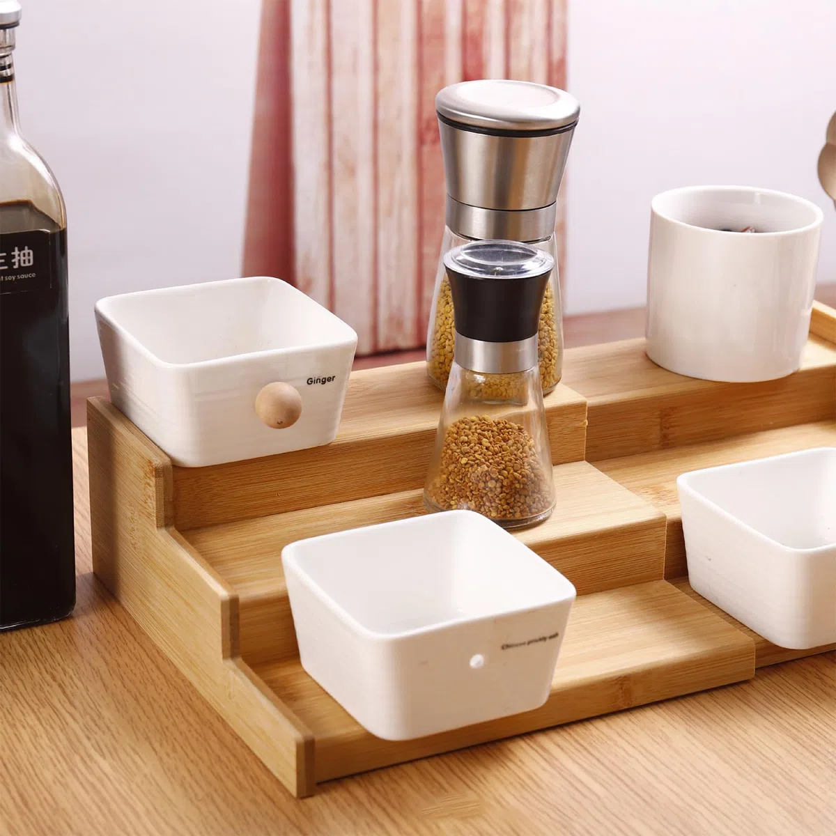 Especiero Extensible de 3 Niveles Especiero Bambú Organizador de Estante de Especias de 3 Niveles Soporte Botes Especias, Madera Natural para Armario de Cocina