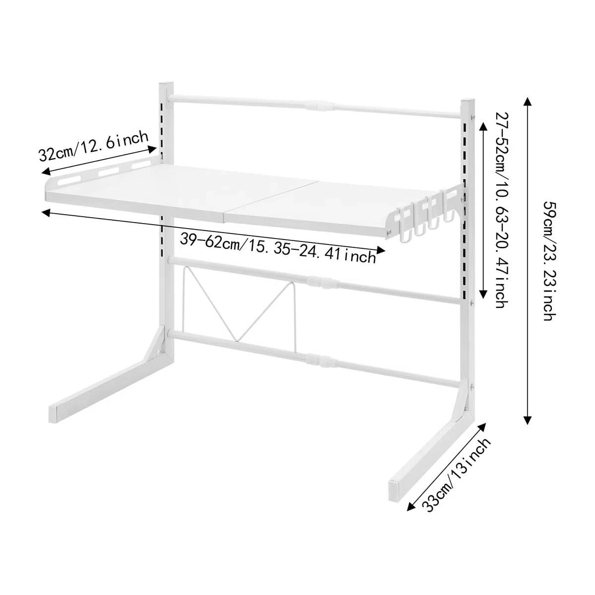 Estantería extensible para microondas de 2 niveles, ajustable, de acero al carbono, estantería de metal con 4 ganchos, soporte para microondas, estante para especias de pie, estante para horno