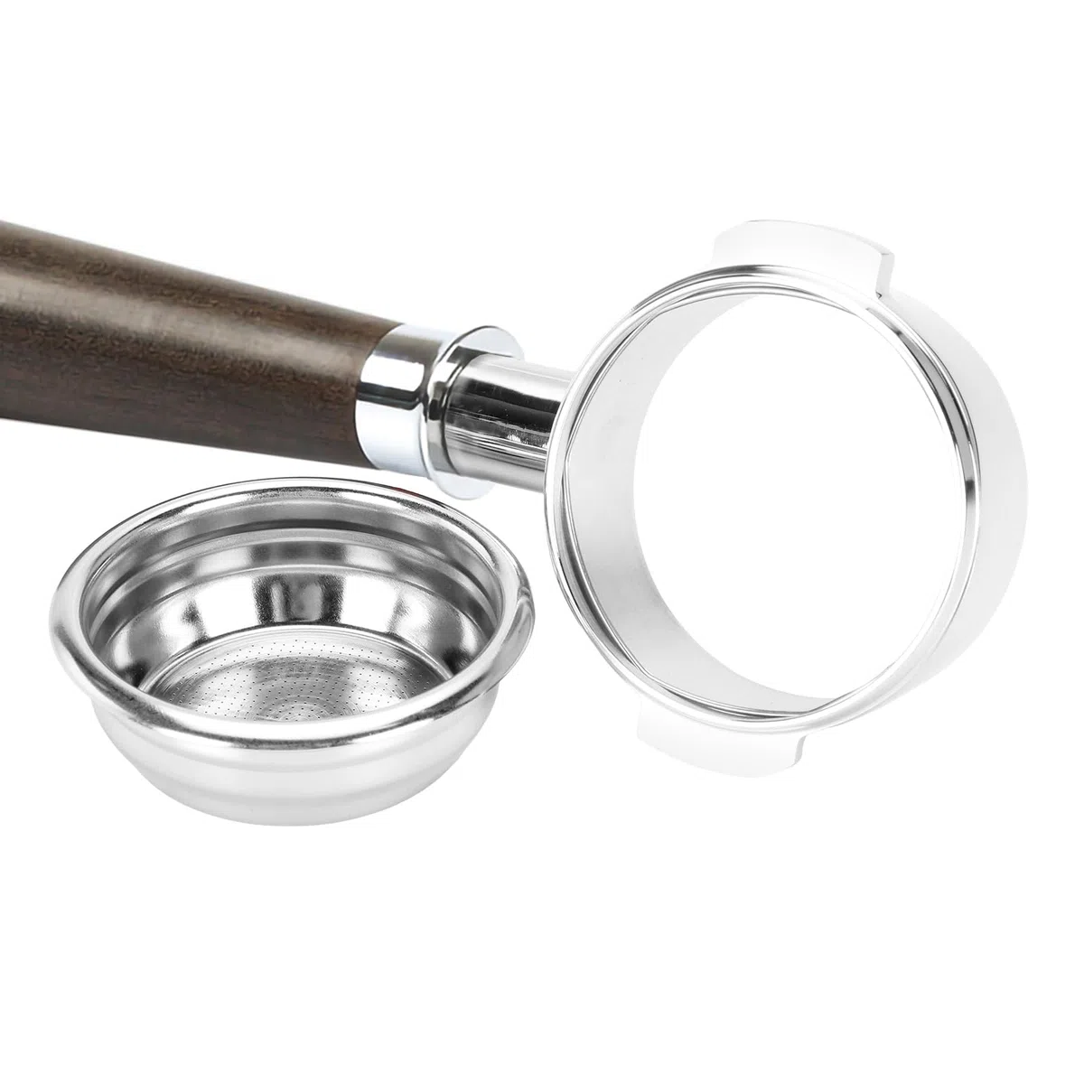 Portafiltro 58mm Sin Fondo Acero304 Mango Nogal Negro, Cesta18g Sin Presión | Portafiltro 58mm sin fondo acero 304, mango nogal negro. Compatible E61,Flair58,Rocket,Lelit, incluye cesta 18g sin presión.