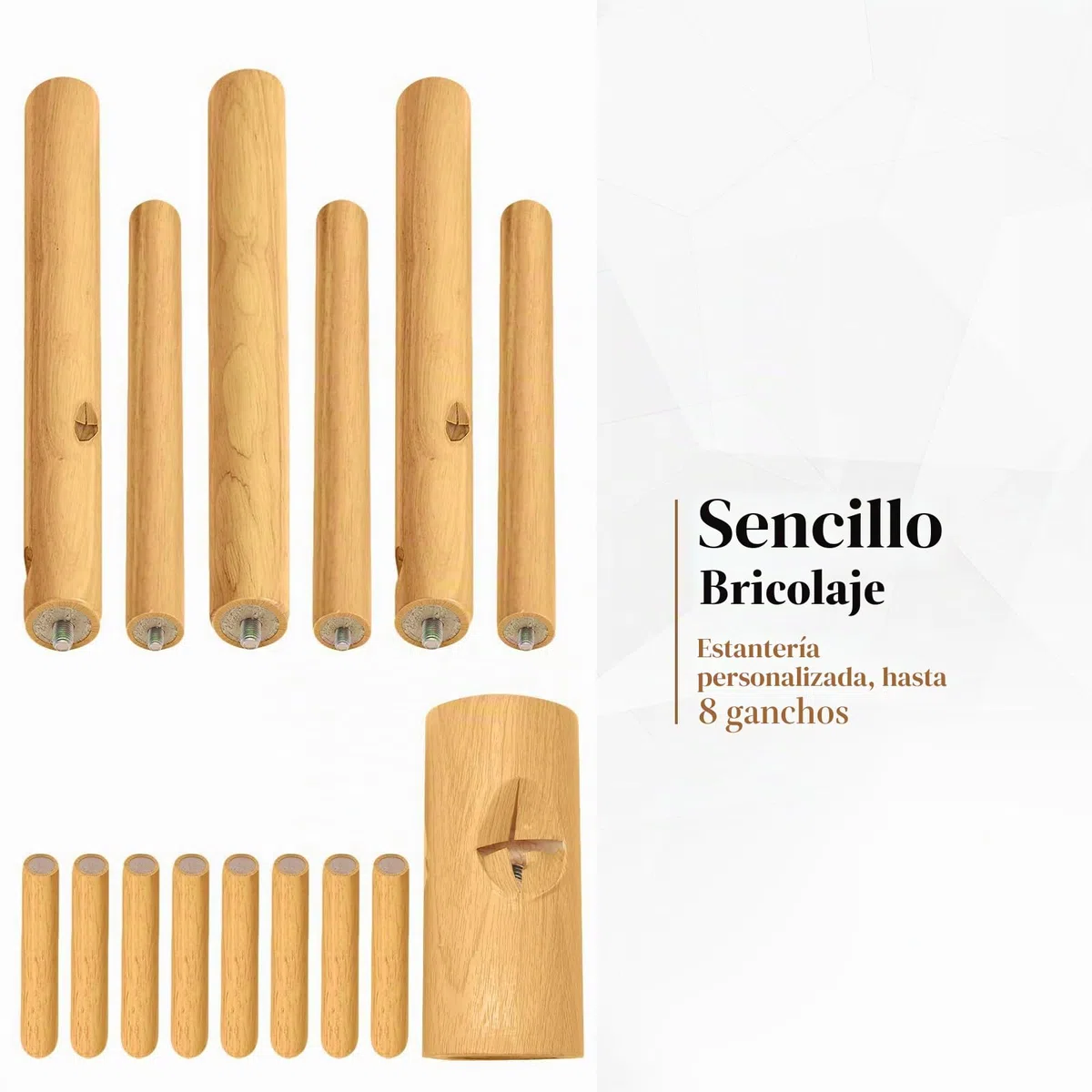Perchero de Madera de Pino con 8 Ganchos + 6 Clips Inox – Perchero Moderno Ahorro de Espacio para Entrada, Dormitorio, Oficina (color primario)