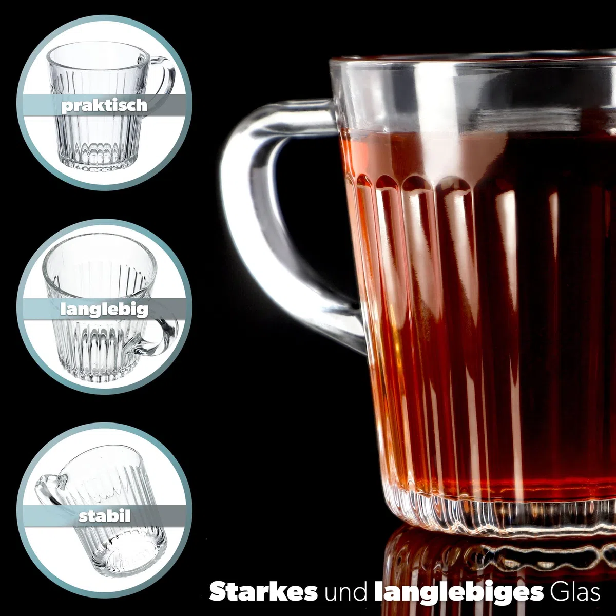 KADAX Tazas de Cristal 250ml, Vasos de Vidrio Transparente con Asa para Café, Té, Capuchino y Bebidas Calientes, Aptos para Lavavajillas (Juego de 6)