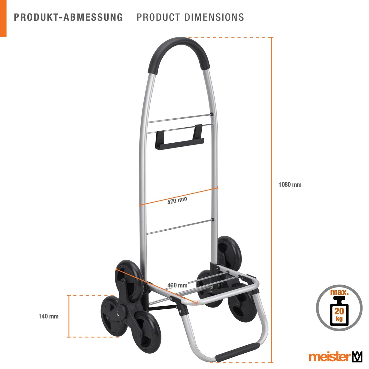 Meister - Carrito de la compra, 54 L, con compartimento refrigerador, bolsa extraíble y resistente a la lluvia, colgador para el carro de la compra, carrito plegable, 6816810
