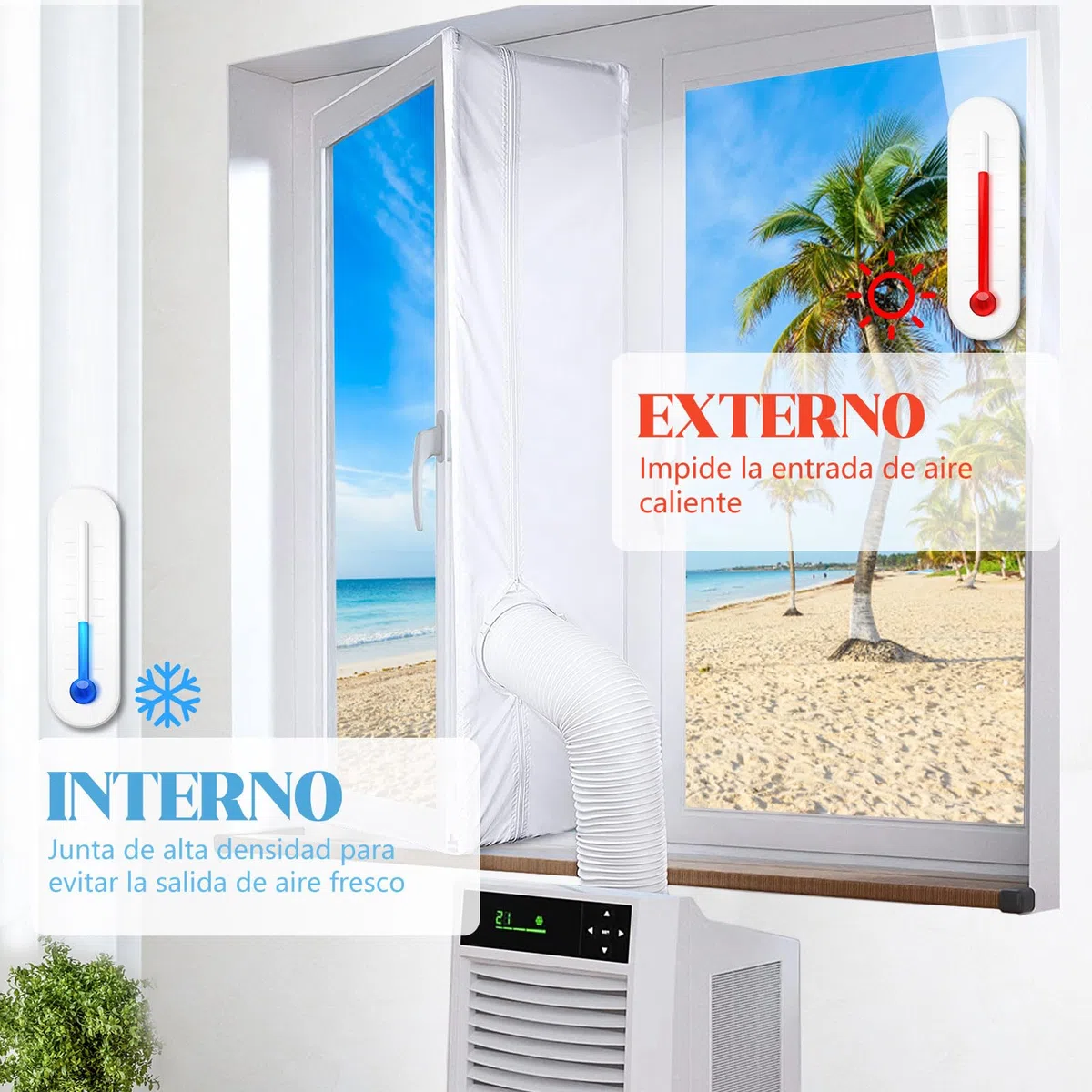 Sello de Ventana para Aire Acondicionado Portátil (400cm), Kit Universal Aislante con Cremallera Doble, Fácil de Instalar Sin Taladrar
