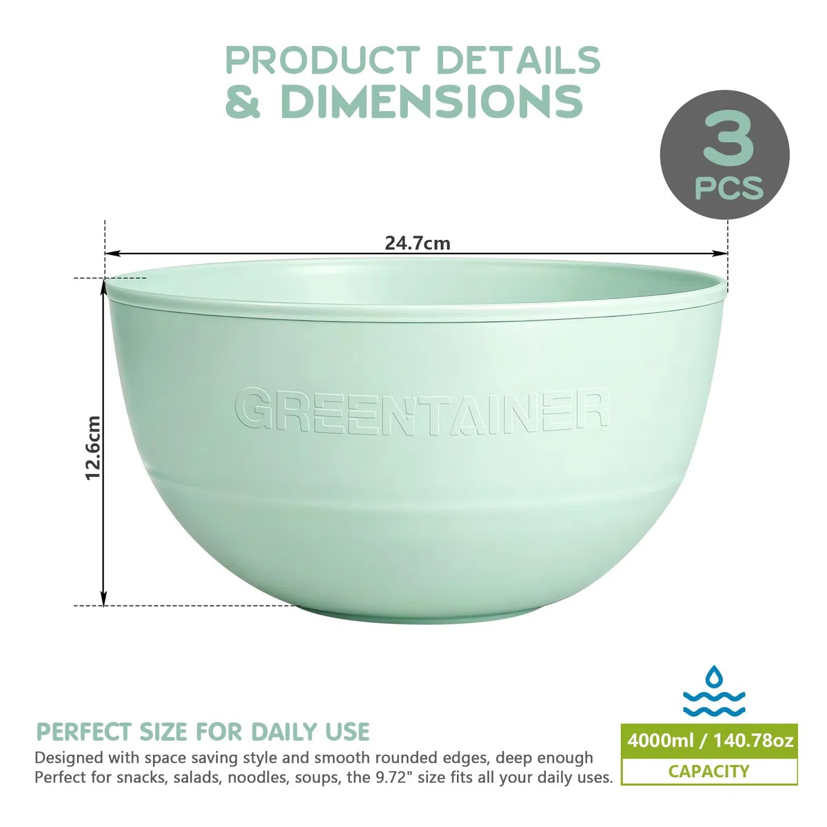 Greentainer Set de Boles, Cuencos Irrompibles para Ensalada, Cereal y Sopa, Apto para Microondas y Lavavajillas, Libre de BPA, Apilables, para Adultos(4000ml,Verde)