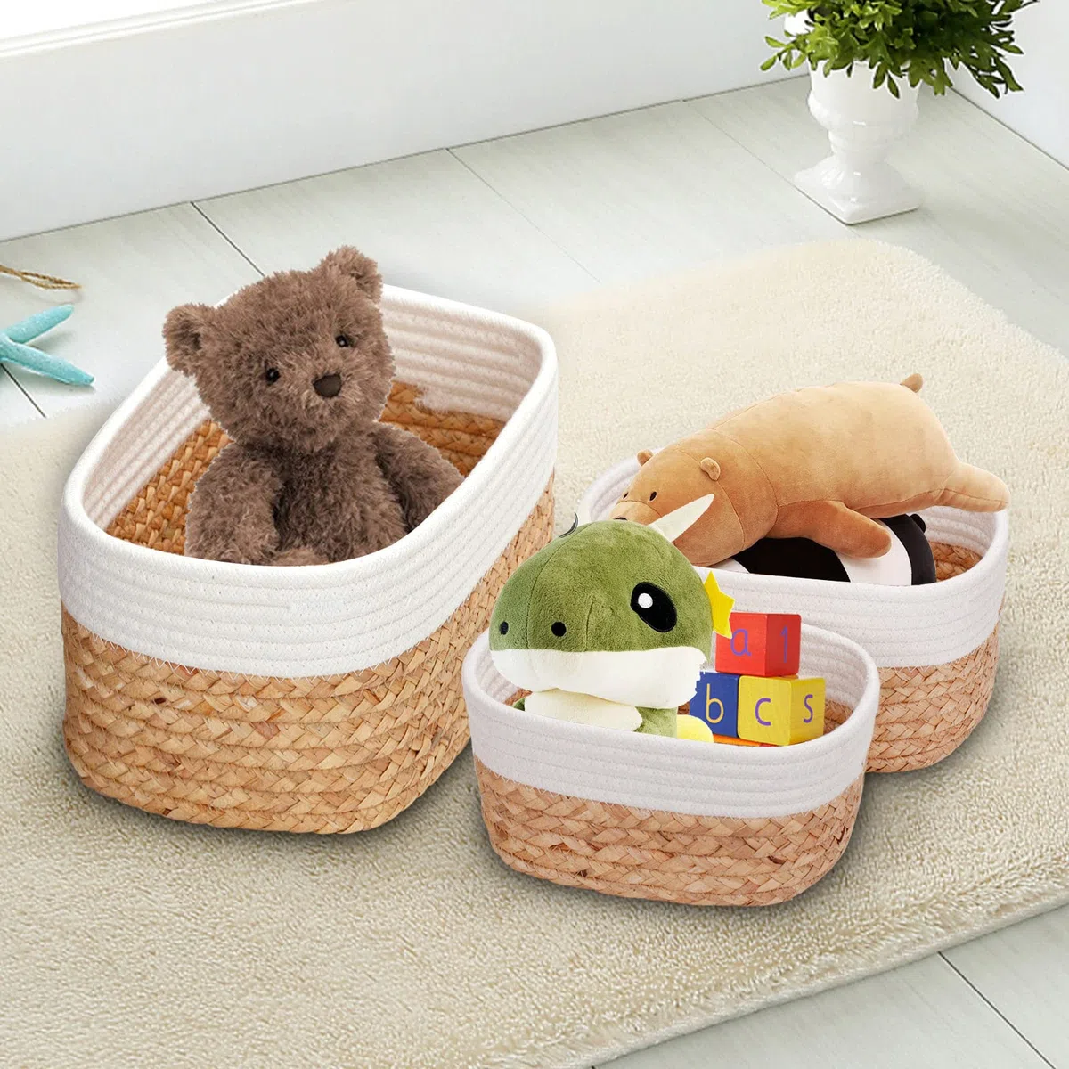 Cesta de almacenamiento, 4 cestas trenzadas, juego de jacinto de agua y algodón, caja organizadora para baño decorativa, baño o dormitorio