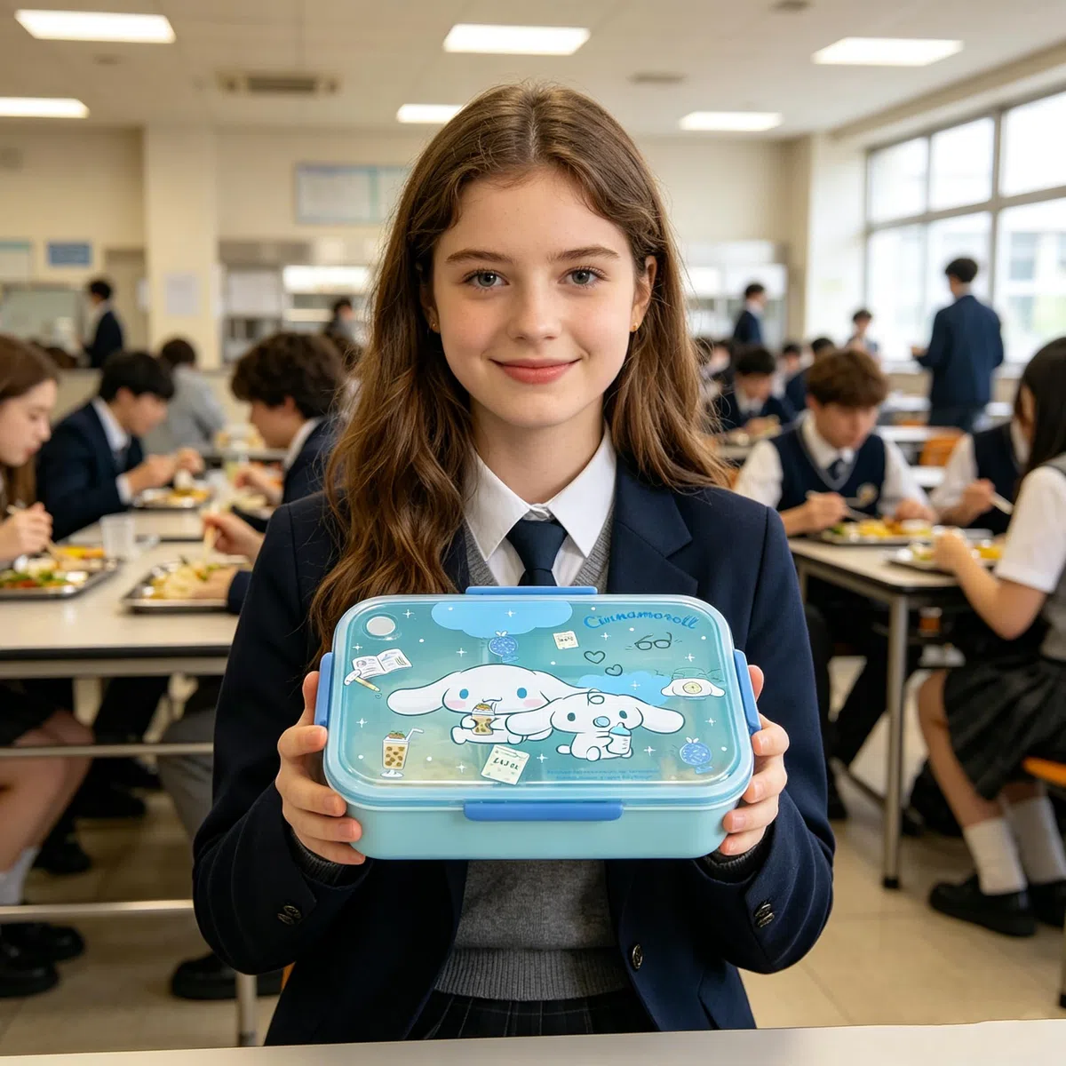 Roffatide Cinnamoroll Imprimir una caja de almuerzo integrada con cuchara kawaii cerradura de 4 puntos para bocadillos de alimentos y frutas