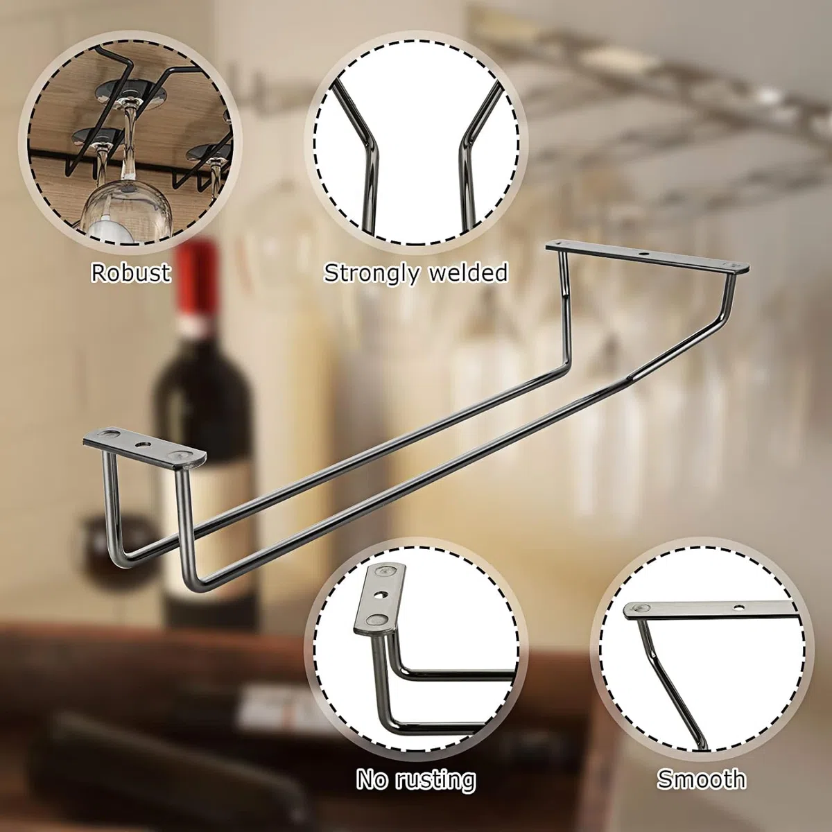 Soporte para Copas de Vino Colgante, 4 Piezas, 35x11 cm, Cuelga Copas de Vino, Colgador Copas Vino, Soporte para Copas Bar con Tornillos, para Bar y Cocina