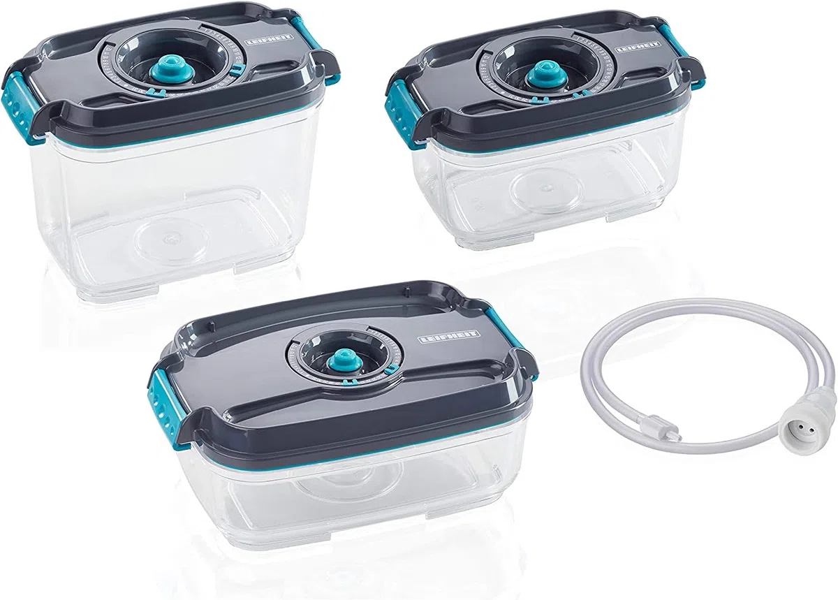 Leifheit Set de 3 recipientes para alimentos al vacío, fiambrera hermética e impermeable sin BPA, tápers para microondas, congelador y lavavajillas