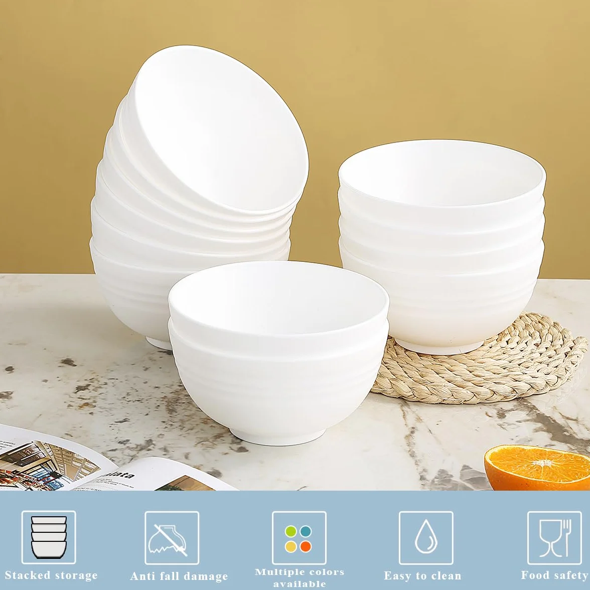 Berglander cuencos de plástico blanco 12 piezas 750ml, cuenco de ramen reutilizable, cuencos de sopa, cuenco de cereales para adultos, niños, hogar, restaurante, jardín, picnic, camping