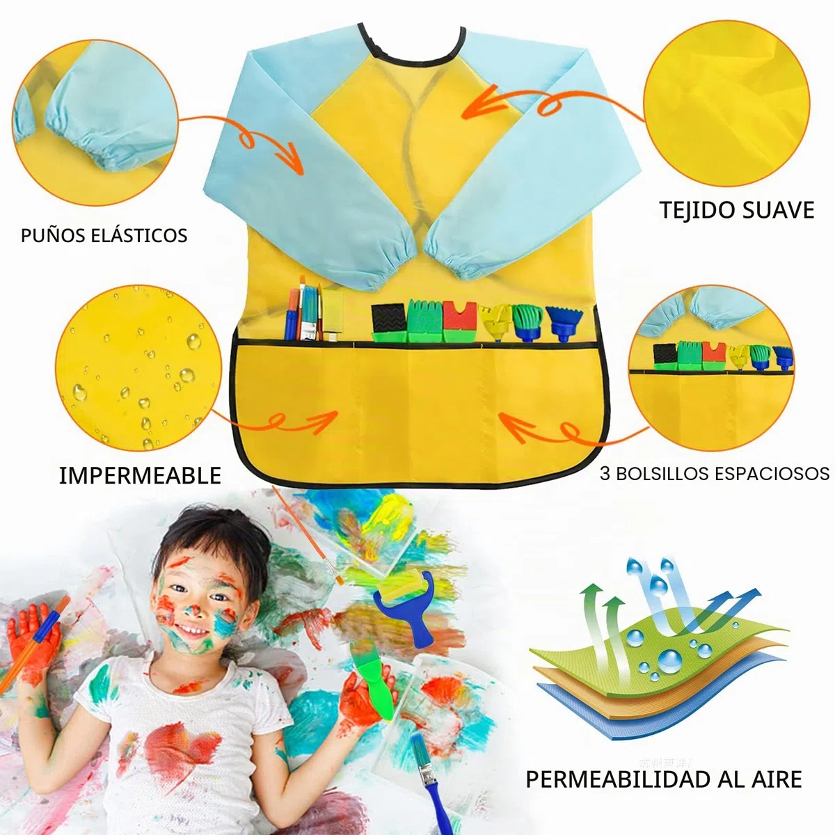 65 Piezas Niños Temprano Aprendizaje Esponja Pintura Cepillos Kit, para Niños Pintura DIY Artesanías, Incluye Pinceles de Esponja, Craft Pinceles y Delantal Impermeable con 3 Bolsillos