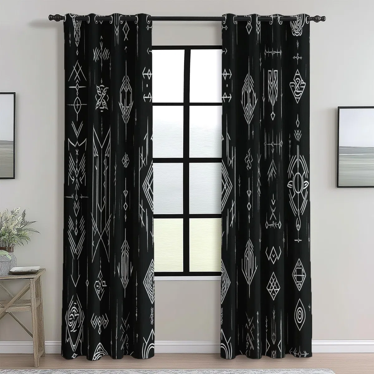 Cortina con Ojales Negro Estampado para Sala de Estar habitación de niñas y niños Tradicional Runas Vikingas Cortinas Estampadas 140An x 145Al cm (2 Paneles) Cortinas Opacas