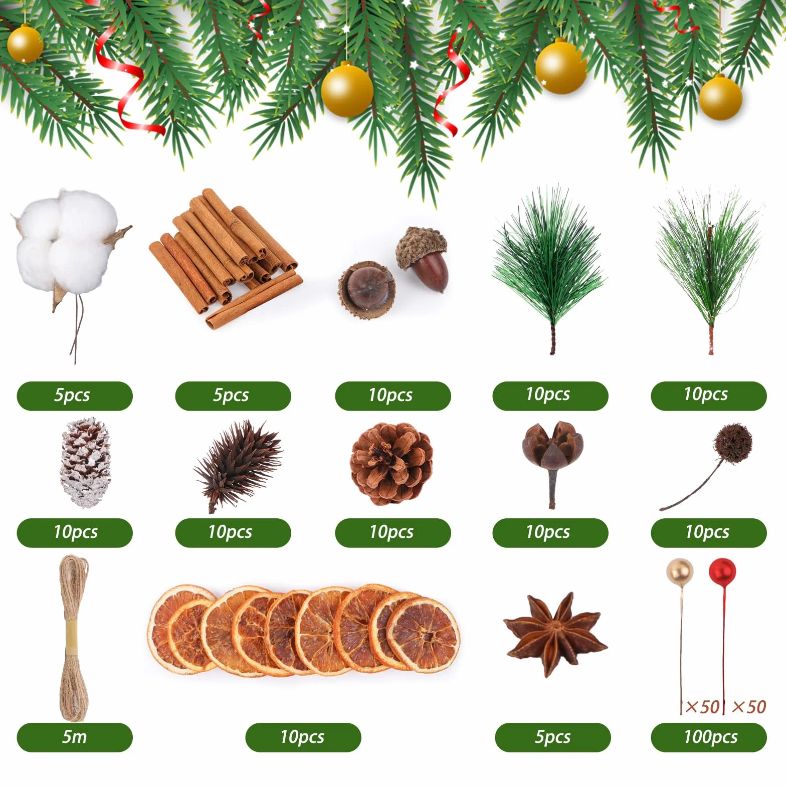 Set de decoración para corona de Navidad de 170 piezas – Accesorios para corona de Adviento con algodón, rodajas de naranja secas, tallos de canela, estrella anisada, nueces, piñas, bayas