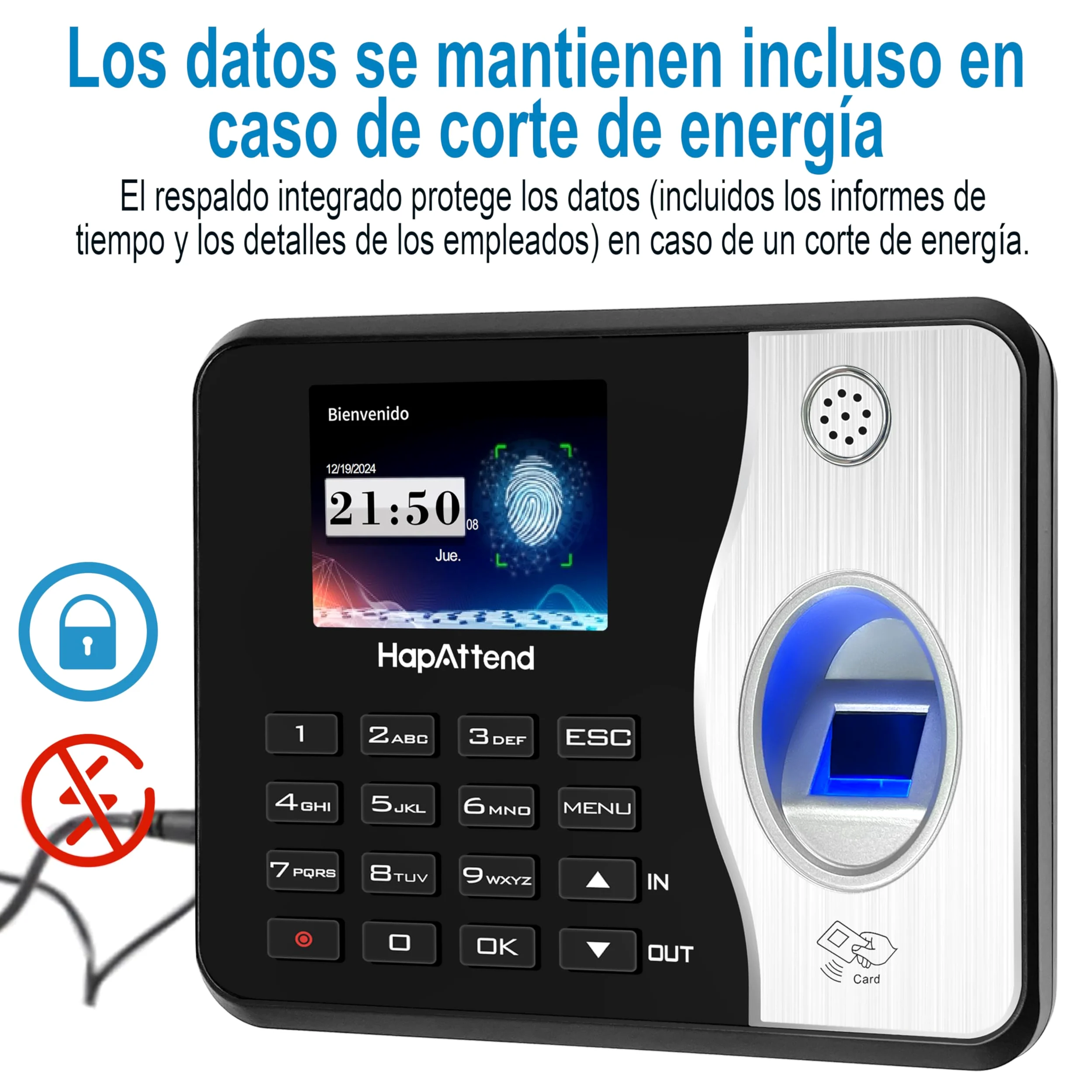 Control horario empleados, Español Reloj de fichar con Huella Dactilar, RFID Tarjetas, Maquina de fichar empleados de hasta 1000 usuarios sin conexión Internet Negro Escáner H3