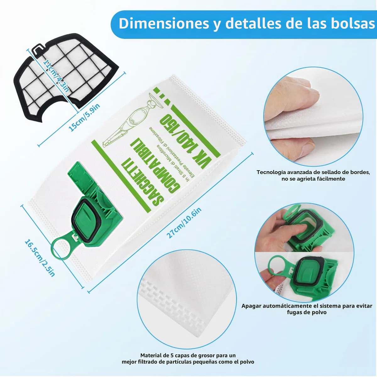 12 Bolsa para AspiradoraVorwerk Kobold VK140 VK150 con 2 Filtros