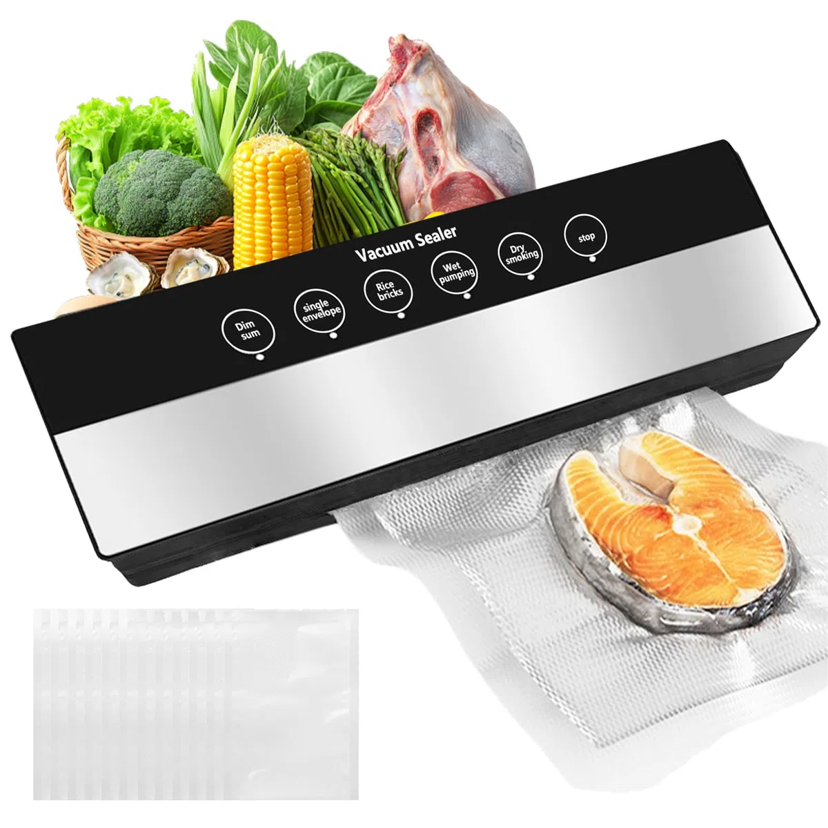 Envasadora al vacío, 6 en 1 con 50 bolsas de vacío, dispositivo de envasado al vacío para alimentos, alimentos 8 veces más frescos, dispositivo de envasado al vacío multifuncional para cocina y