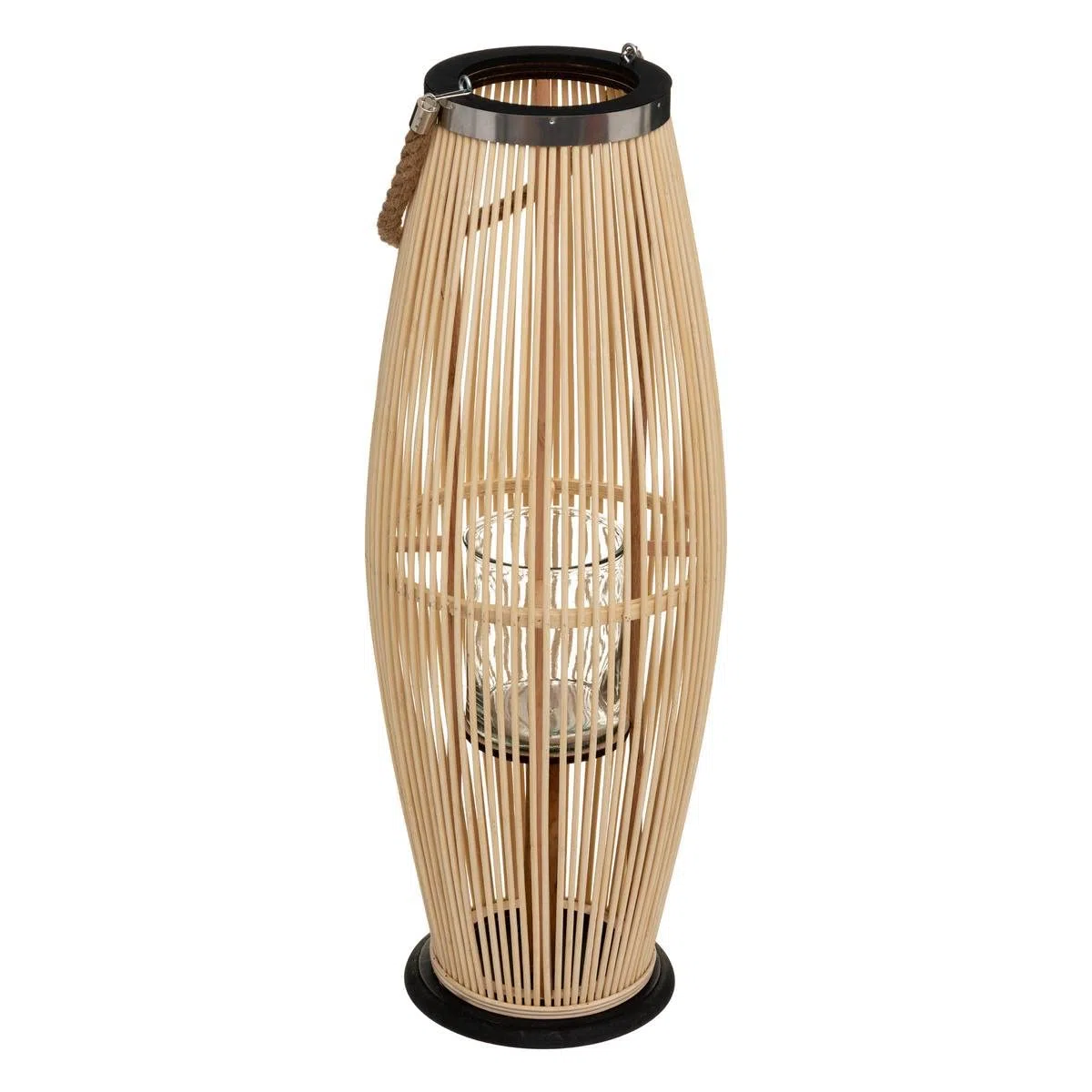 Atmosphera – Farol grande de bambú natural Fit portavelas de cristal H 72 cm x Ancho 27 cm