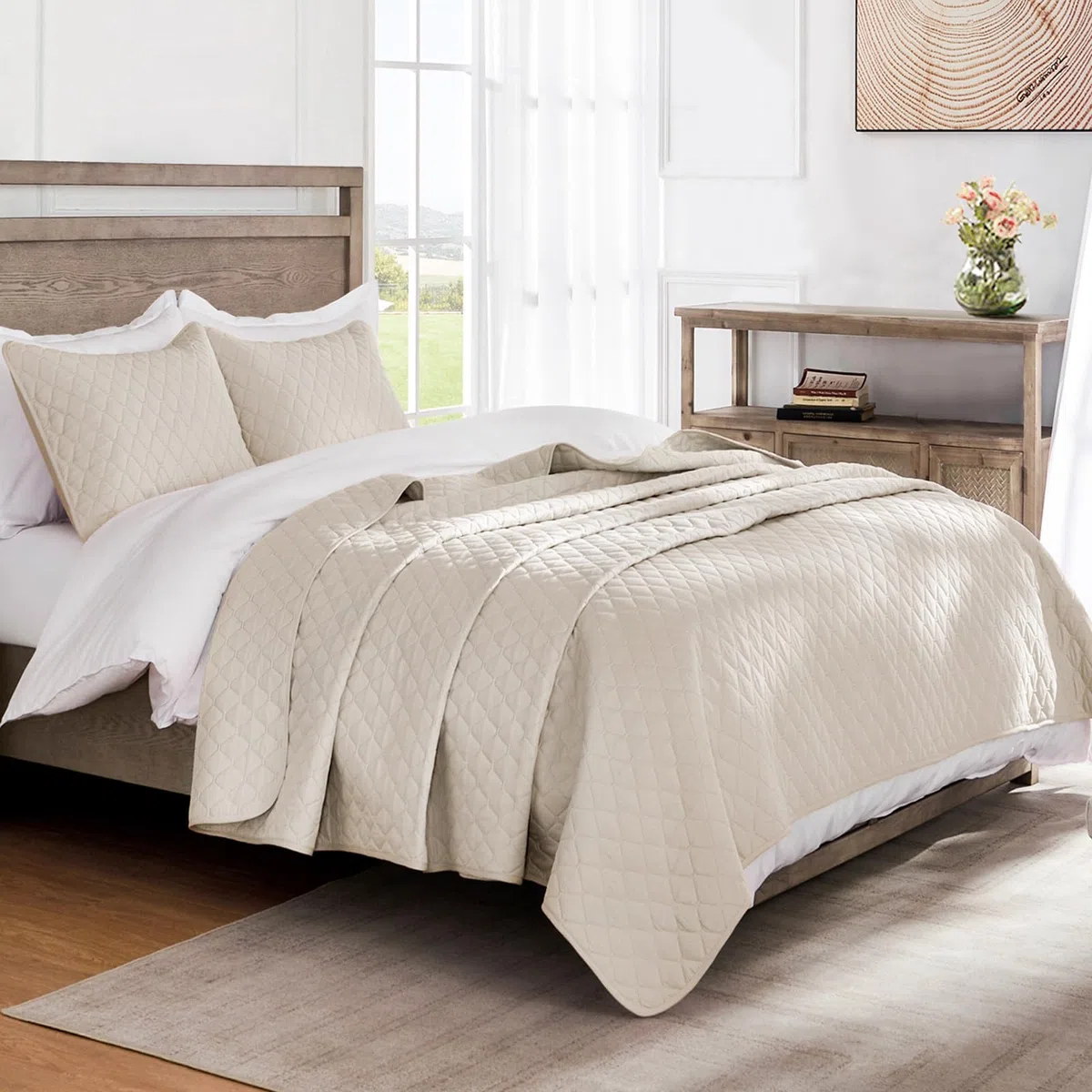 Exclusivo Mezcla Colcha Boutí - Cubrecama para Cama 135/150 (220x240 cm), con 2 Fundas de Almohada 50x65 cm, Reversible, Ligero y Suave, Todas Las Estaciones, Beige